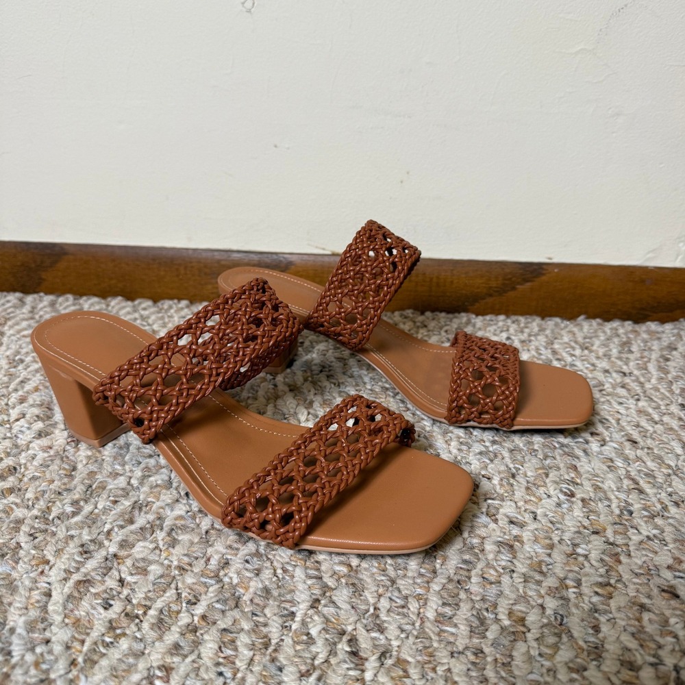 N.N.G Brown Woven Double‎ Strap Block Heel Slide Sandals Square Toe Mules 9.5